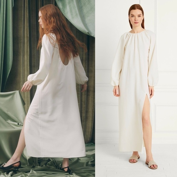 NWT HILL HOUSE Ivory Puffed Long Sleeve Gathered Neck Open Back Maxi Dress XXL - Picture 3 of 11